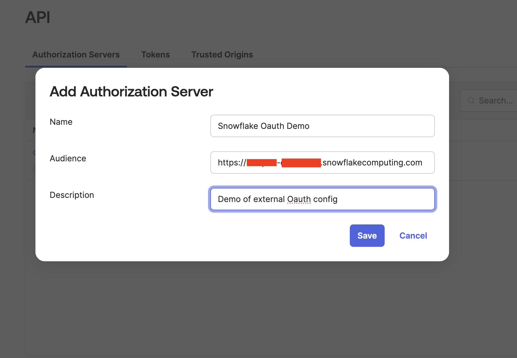 The Okta API window with the Audience value set.