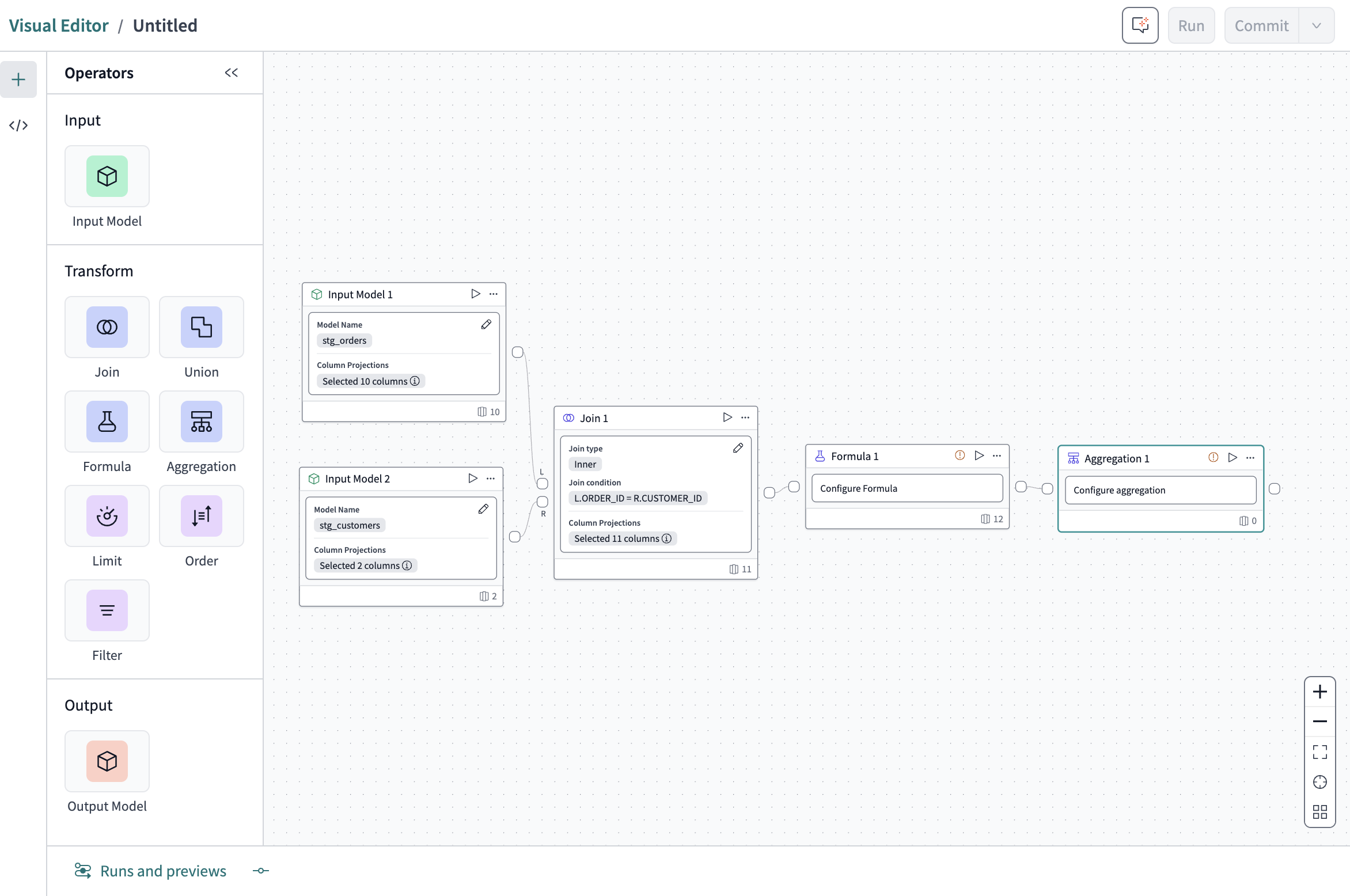 Visual editor interface that contains a node toolbar and canvas.